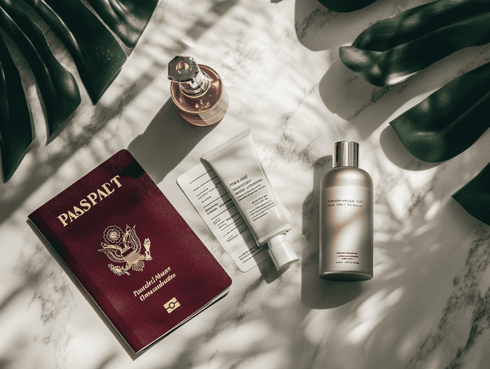 A traveler applying moisturizer in a hotel room after a long flight