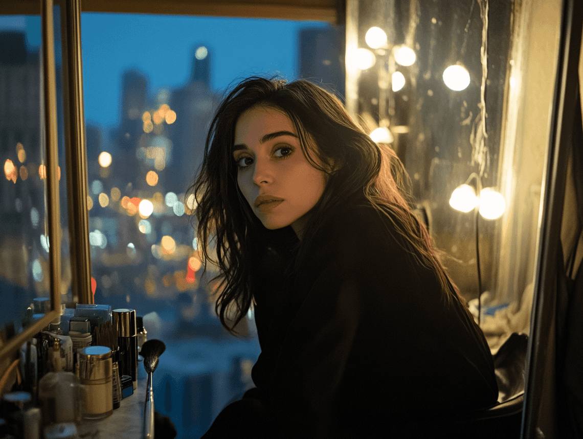 A behind-the-scenes look at Cristin Milioti preparing for her role as Sofia Falcone, with Gotham's skyline in the background.