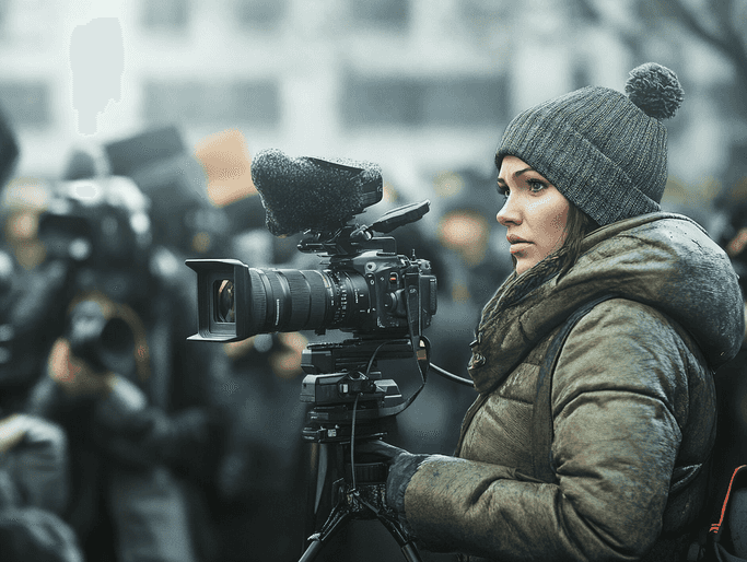 A journalist reporting live from a political event