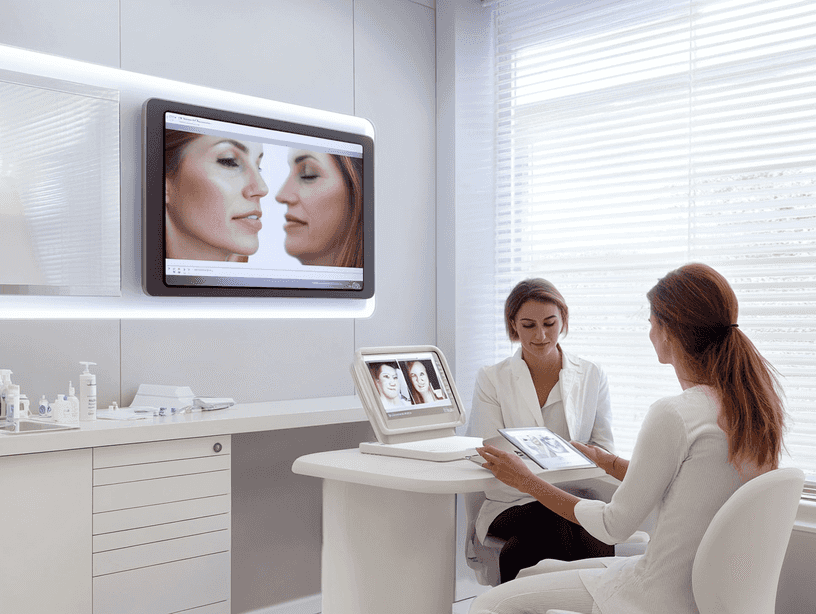 A smiling woman looking in the mirror after receiving cosmetic treatments