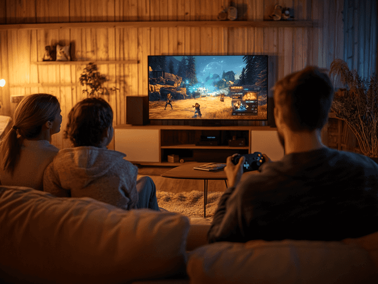 A family enjoying Xbox Cloud Gaming on a large LG Smart TV, showcasing vibrant gameplay