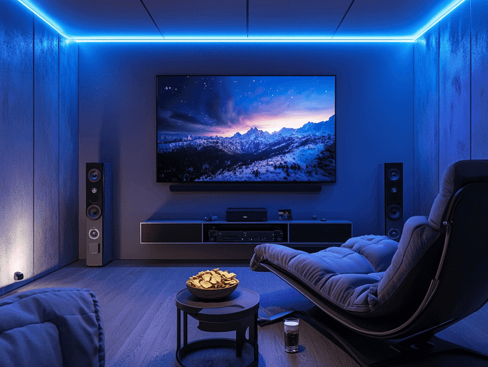 A modern home theater setup with a large screen and surround sound system