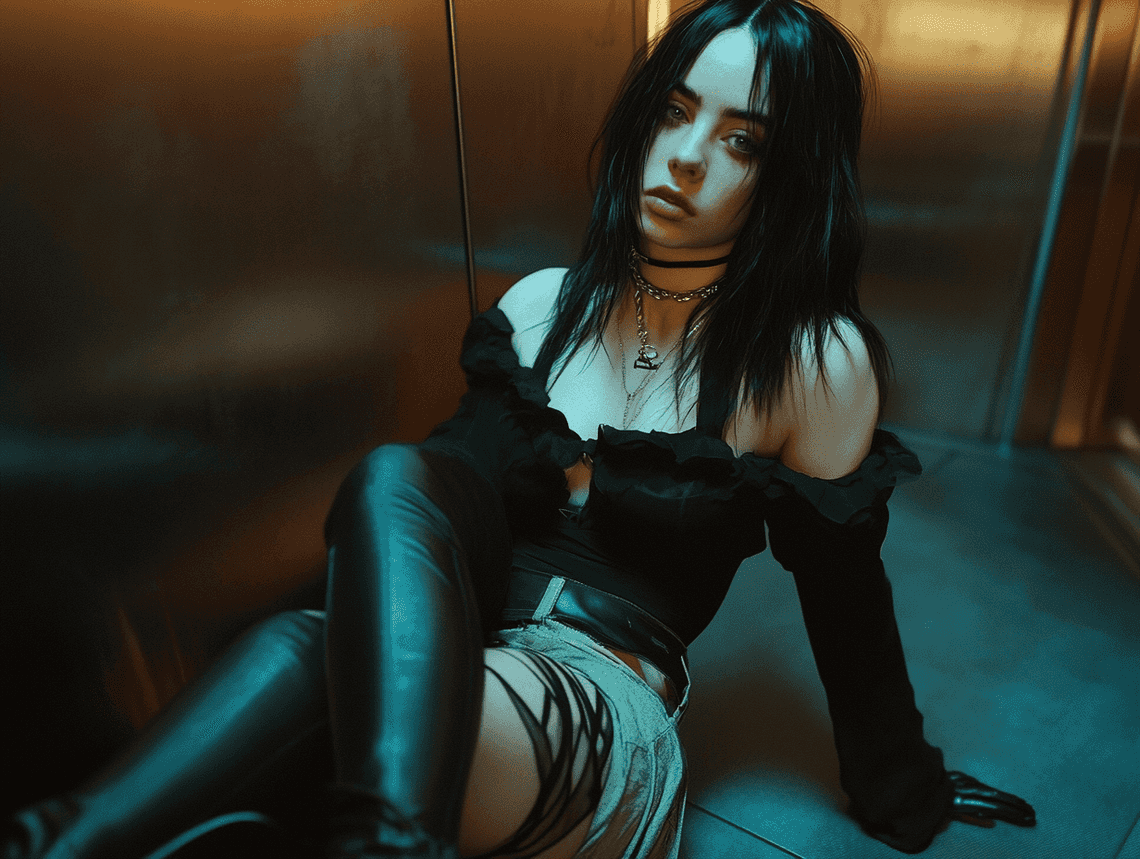 Billie Eilish posing confidently in a stylish outfit