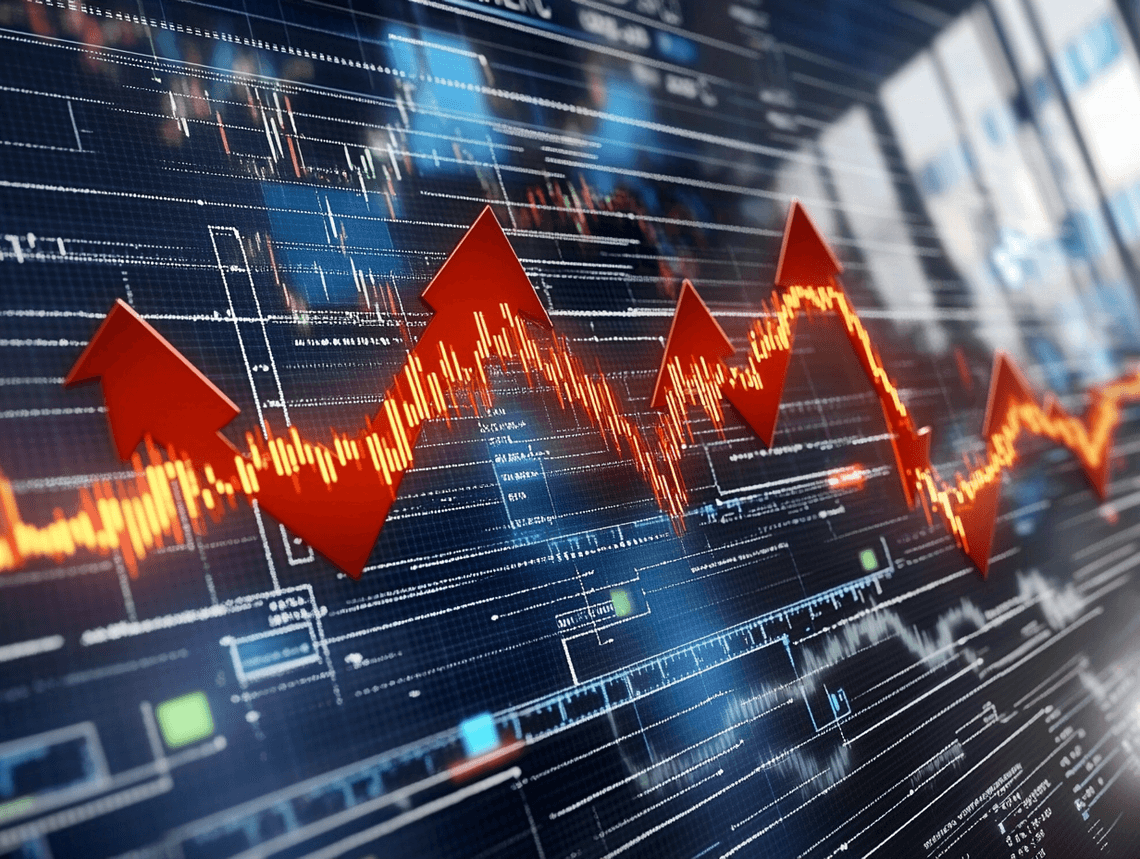 Graphical representation of stock price surges with a dramatic overlay of breaking trends