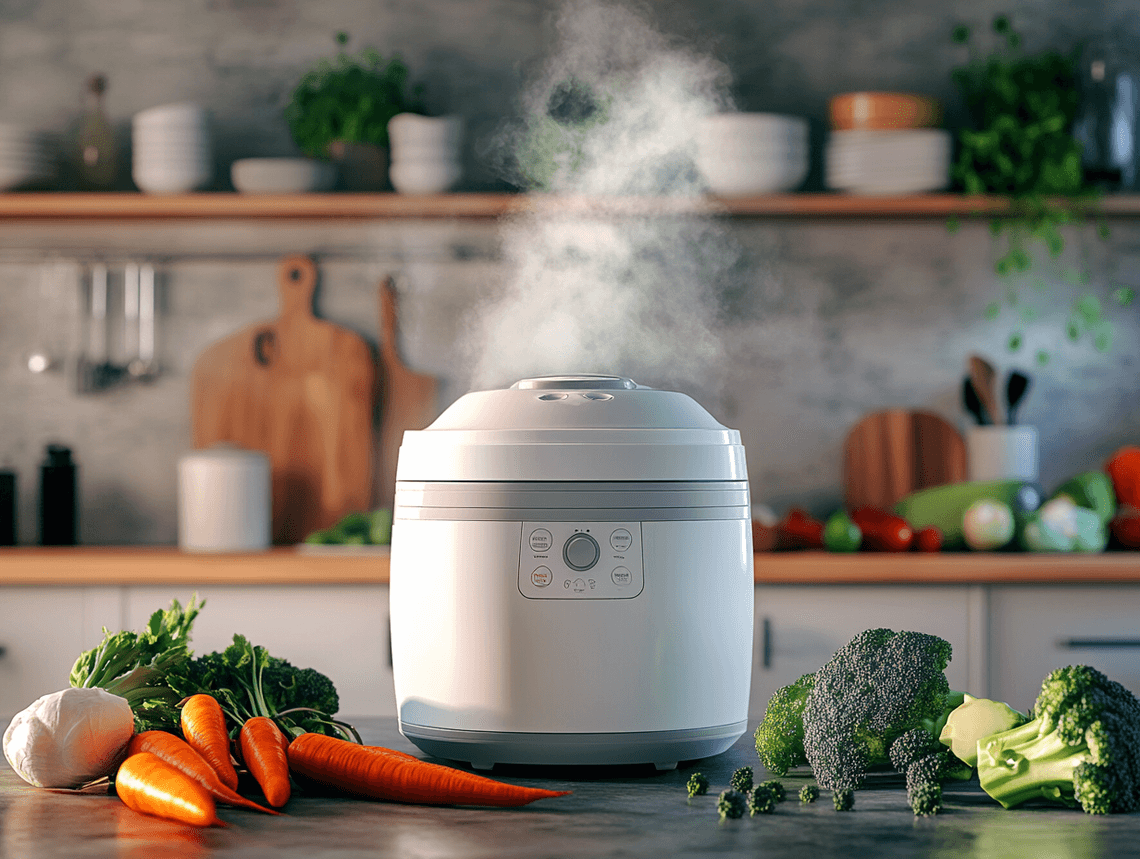A modern rice cooker on a kitchen counter with ingredients like rice, vegetables, and eggs nearby