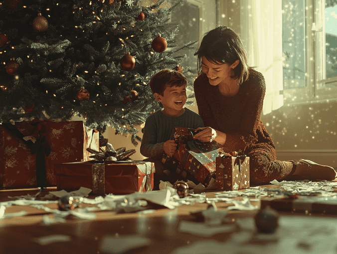 A festive living room with a mother and son enjoying a quiet moment together