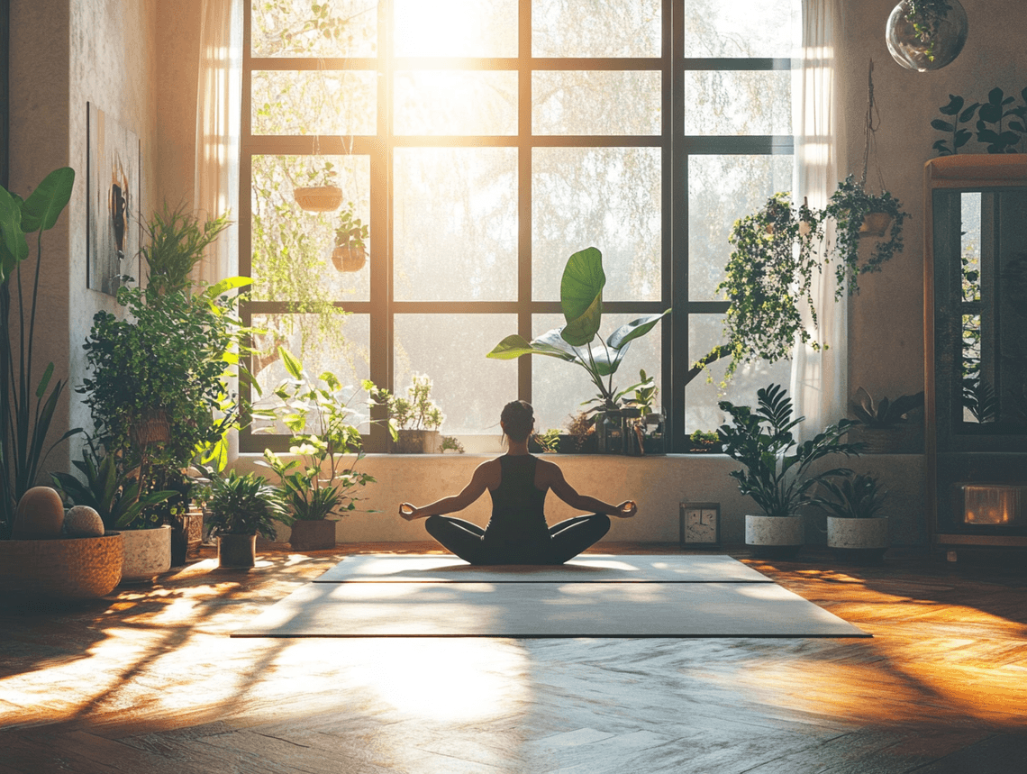 A person practicing yoga in a sunlit room, symbolizing a mindful morning routine