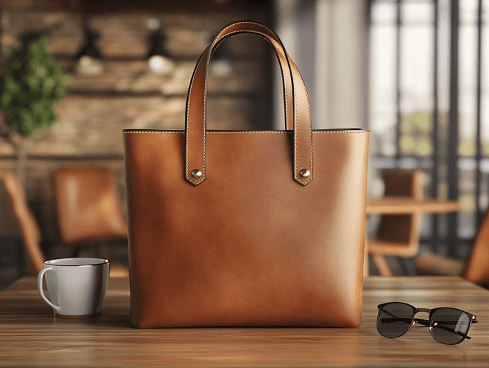 A close-up of a tote bag with elegant stitching and a structured design