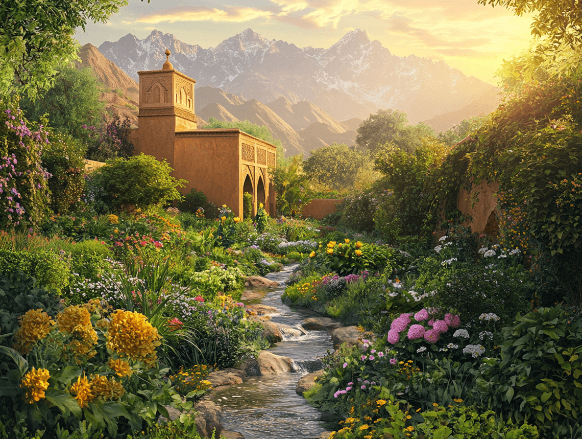 A serene garden in the Atlas Mountains surrounded by lush greenery and traditional Moroccan architecture