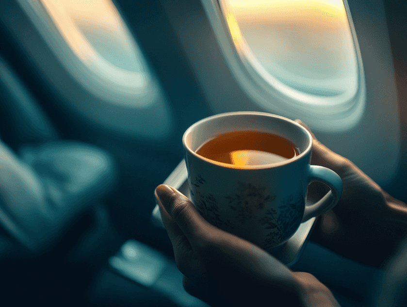 A breathtaking view of an airplane wing flying over a sunset-lit ocean
