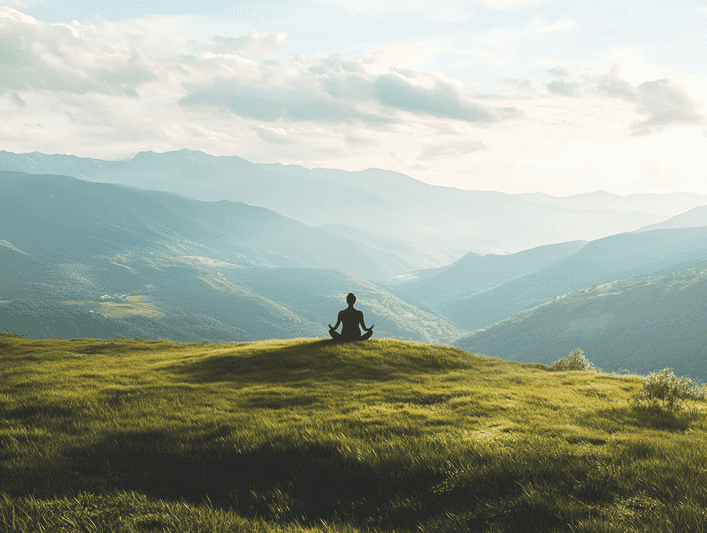 A serene landscape with a person meditating outdoors, symbolizing mindfulness and peace