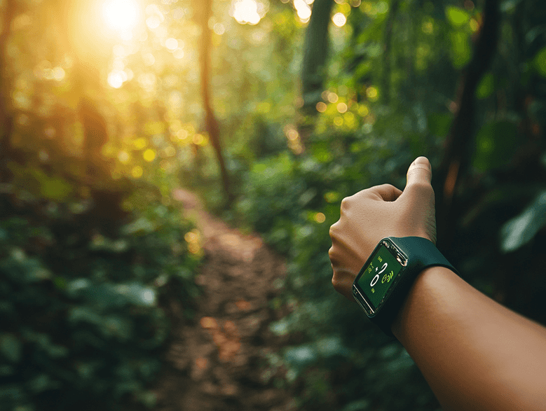 A person jogging on a scenic trail with a heart rate monitor strapped to their wrist
