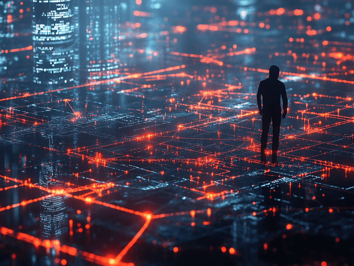 A cybersecurity professional analyzing a data breach on multiple monitors