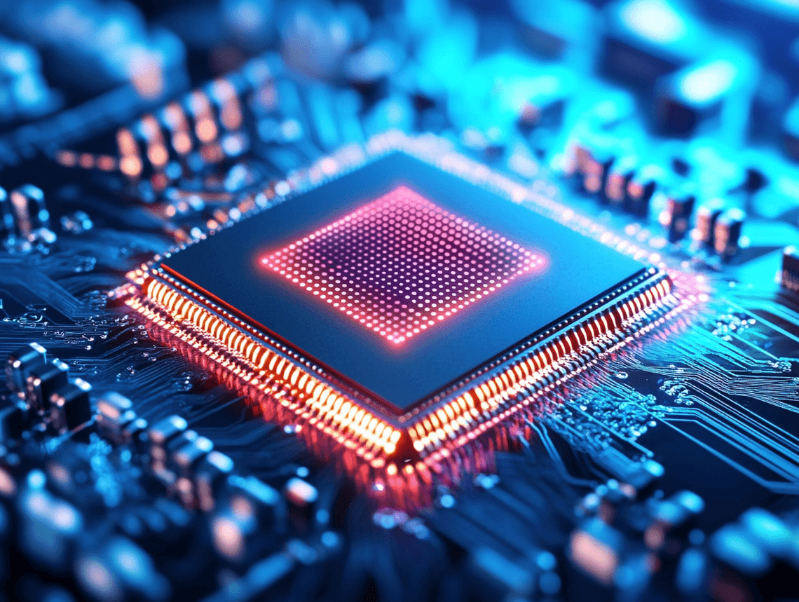 A close-up of a modern processor with visible chiplet architecture