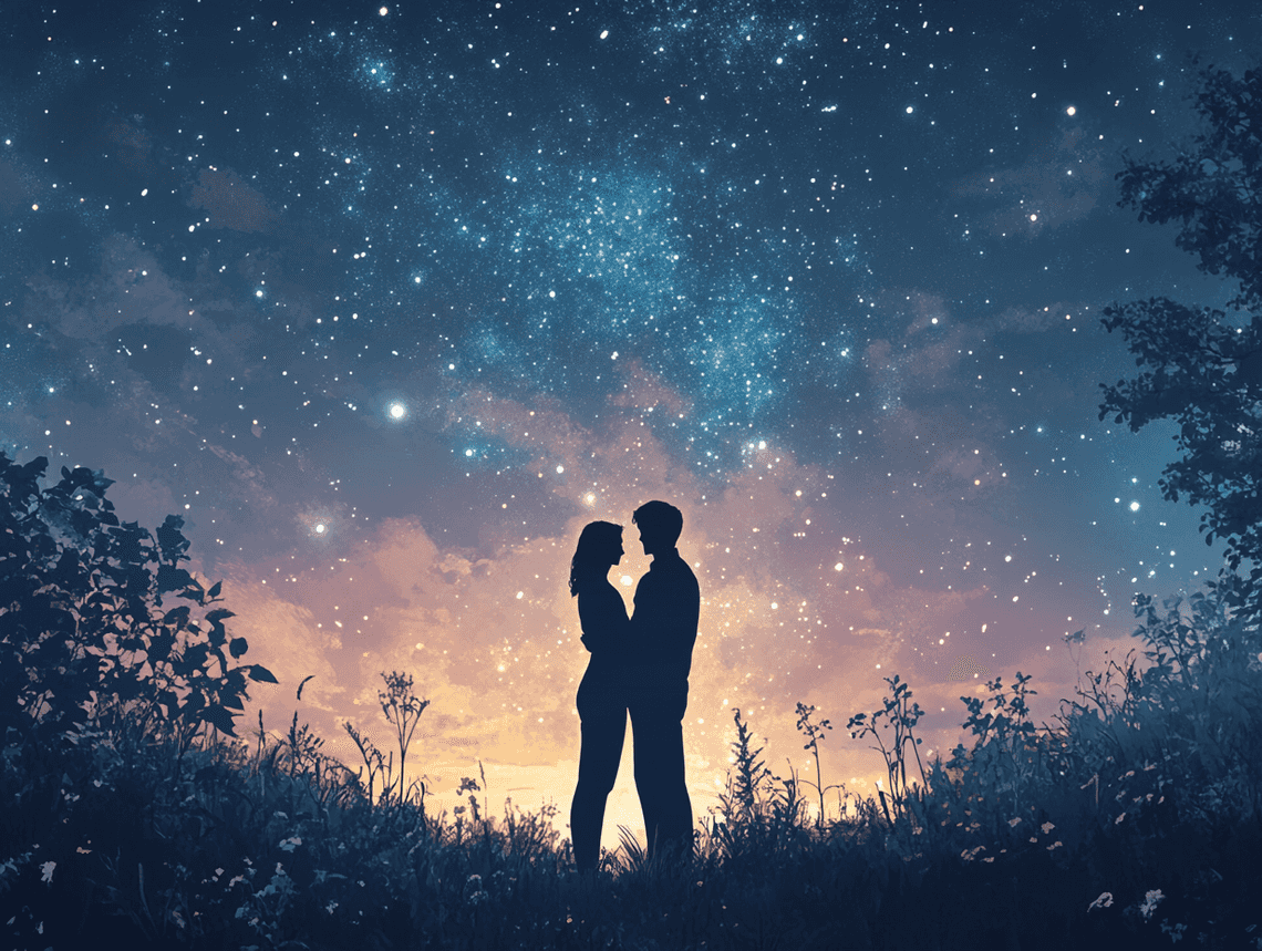 A still from a romantic movie scene featuring a couple sharing a tender moment under the stars