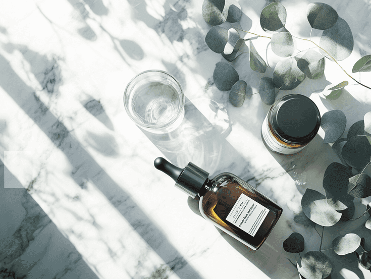 Flat lay of skincare products, including the Ectoin Hydro Barrier Serum, on a marble countertop