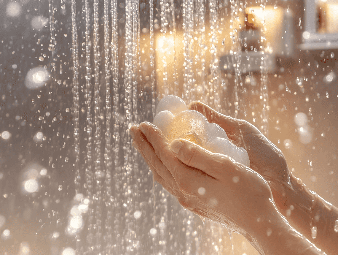 A bottle of shower oil placed elegantly on a bathroom counter with soft lighting and towels in the background