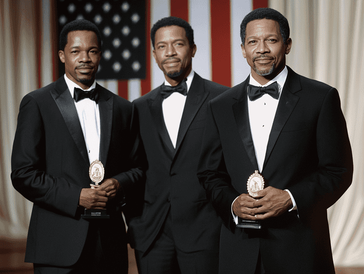 A group photo of Bono, Michael J. Fox, and Denzel Washington at the award ceremony