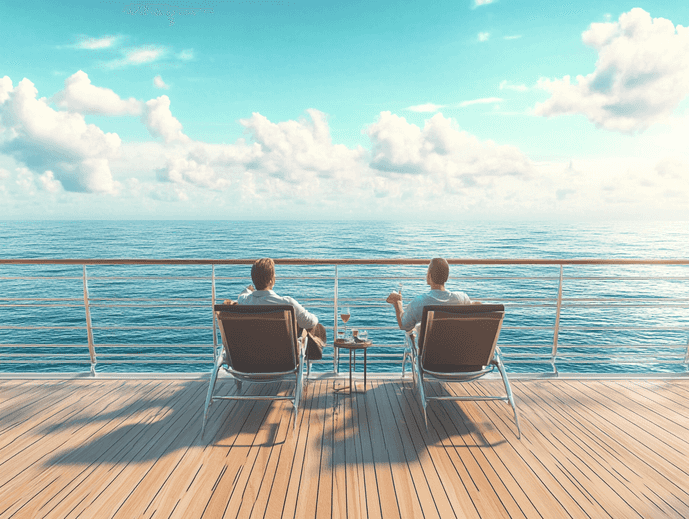 A couple enjoying cocktails on a cruise ship deck