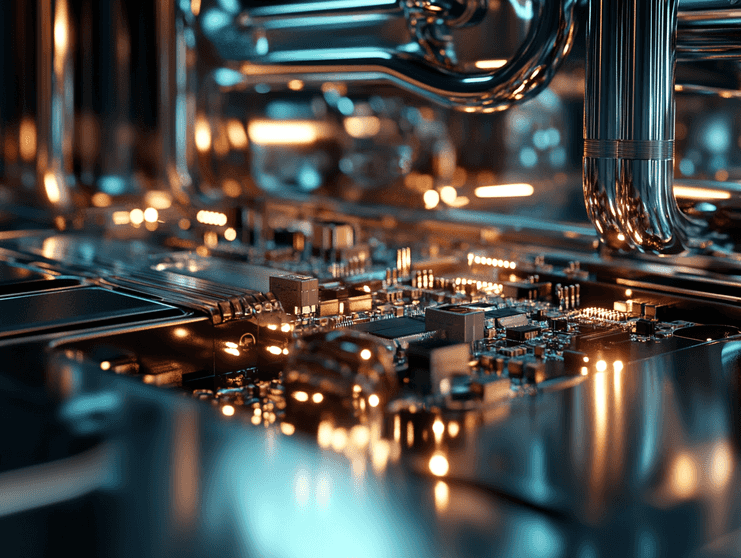 A futuristic AI data center with Nvidia GPUs glowing in a server rack