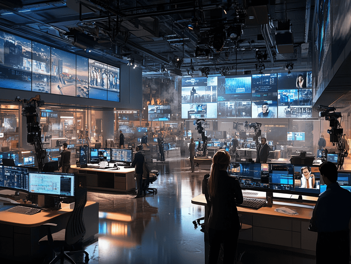 A dramatic image of a television studio with bright lights and cameras