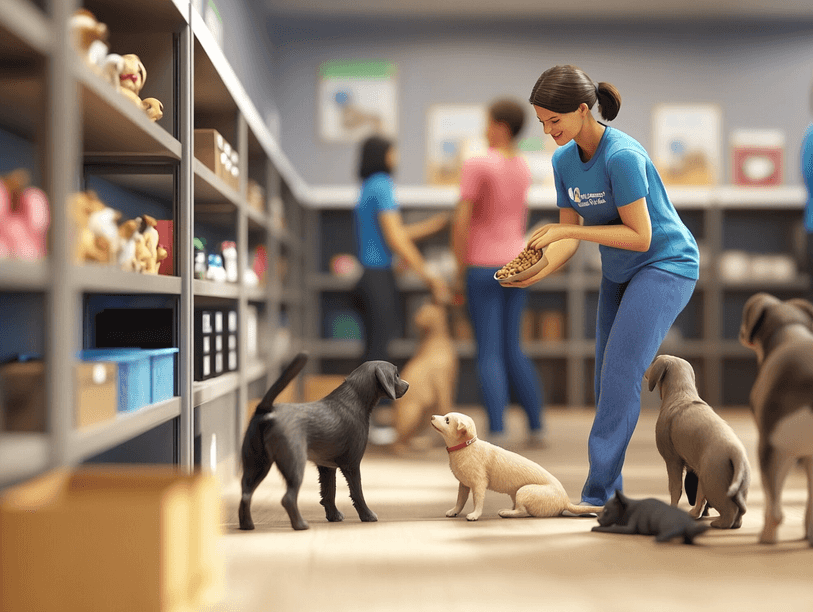 A volunteer at an animal shelter feeding a dog