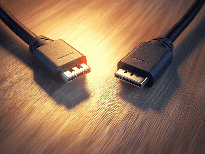 A side-by-side comparison of Thunderbolt 4 and its alternative cables on a wooden desk