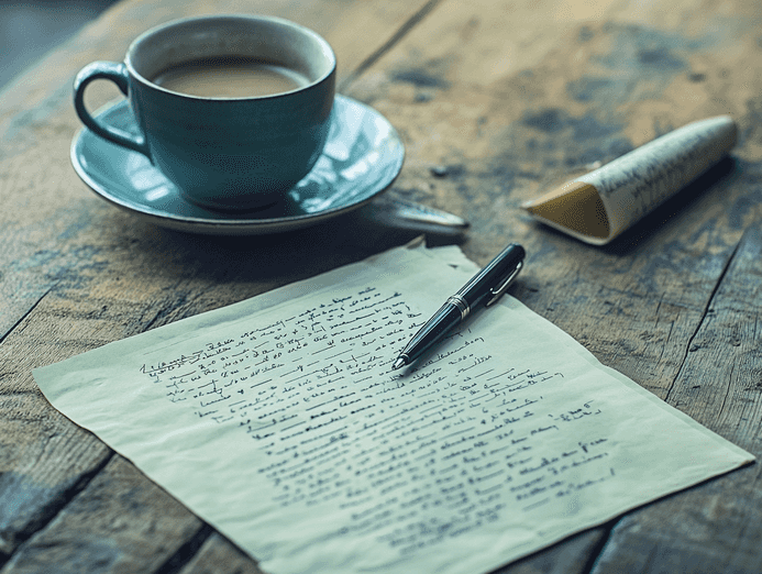 A symbolic image of an unfinished script on a desk, with a pen resting on top, representing Jeff Baena’s incomplete work