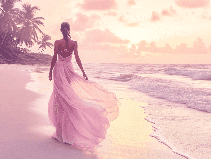 Close-up of a vibrant pink dress with tropical scenery in the background