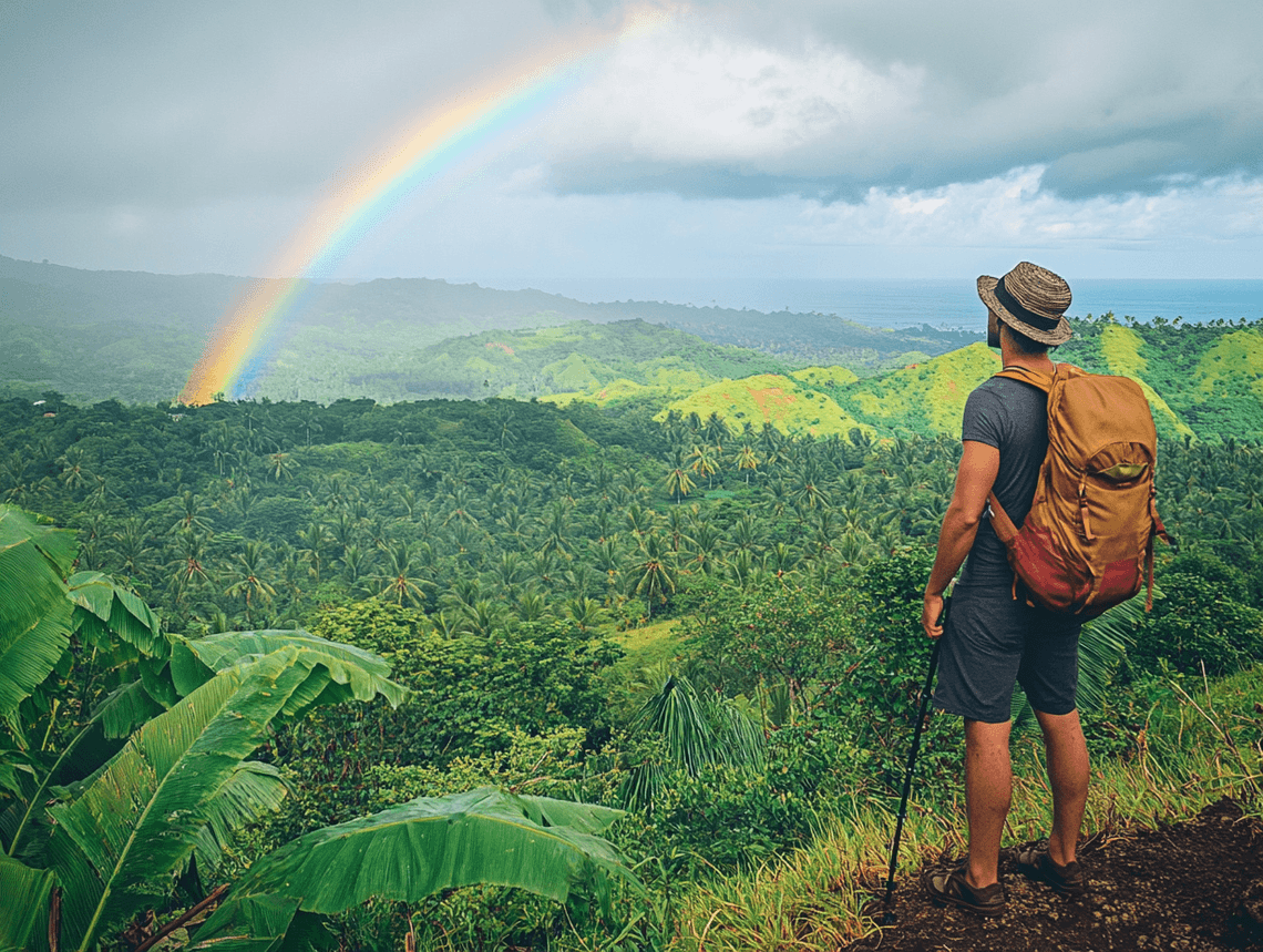 A traveler enjoying a scenic view despite unexpected rain