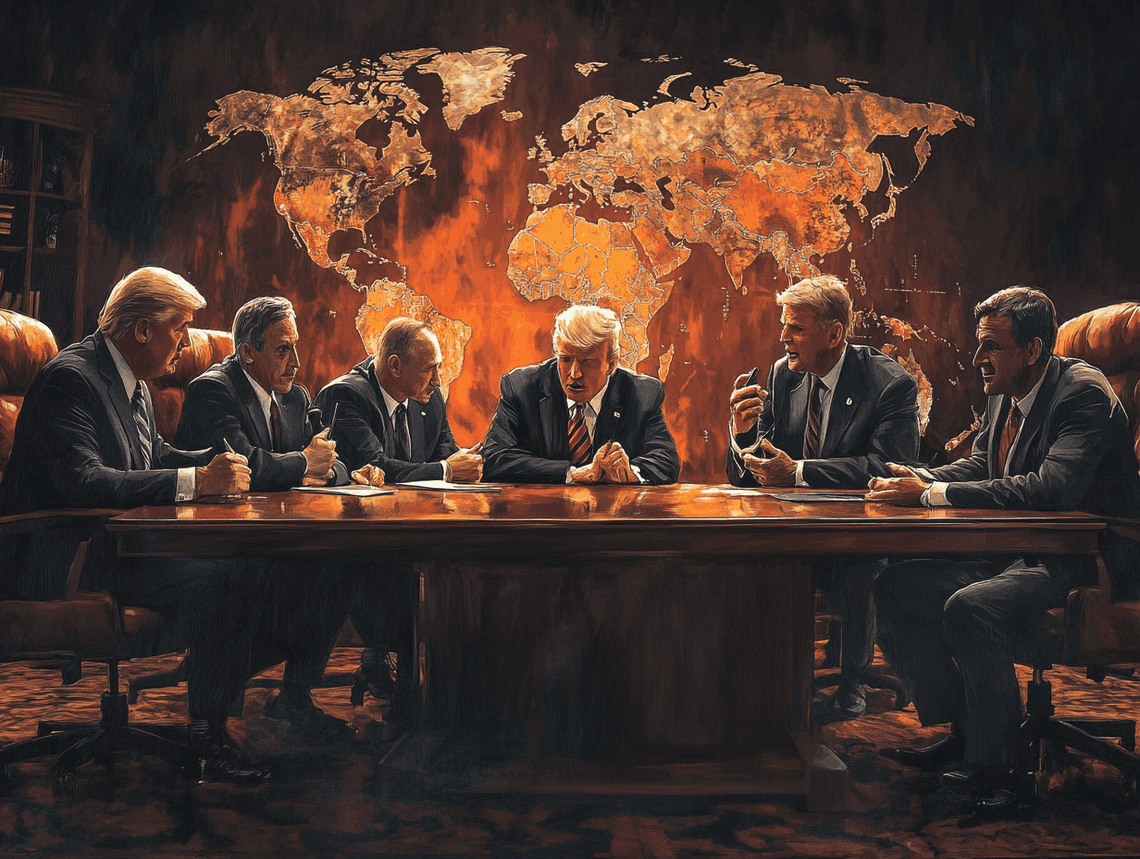 A diplomatic meeting room with flags of the USA, Ukraine, and Russia