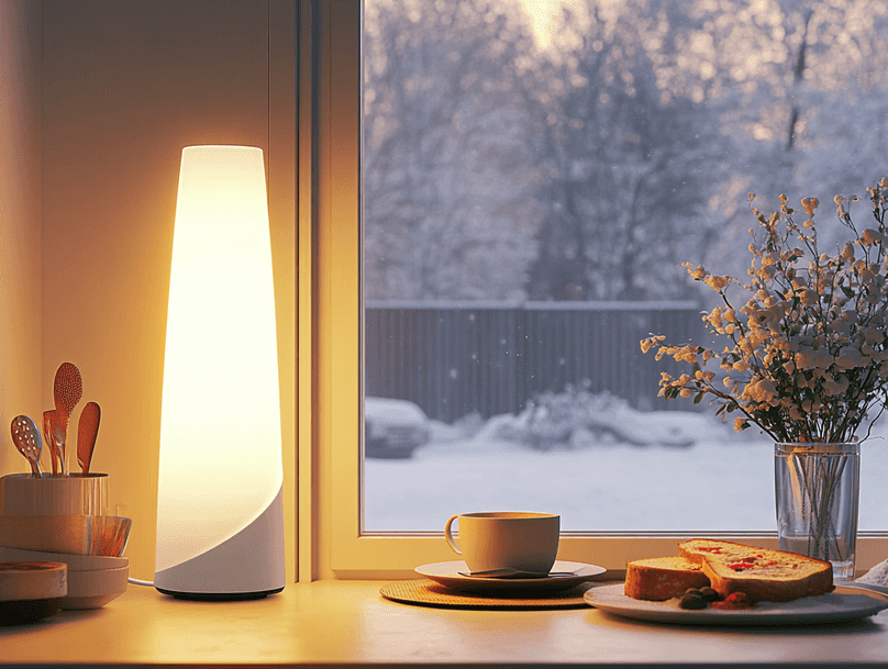 A cozy living room setup with a light therapy lamp glowing warmly