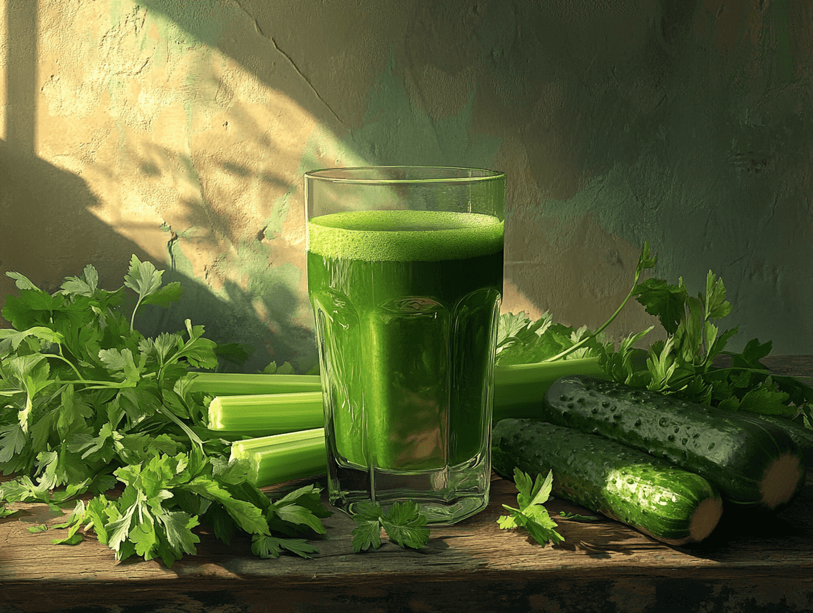 A vibrant green juice with fresh garden vegetables
