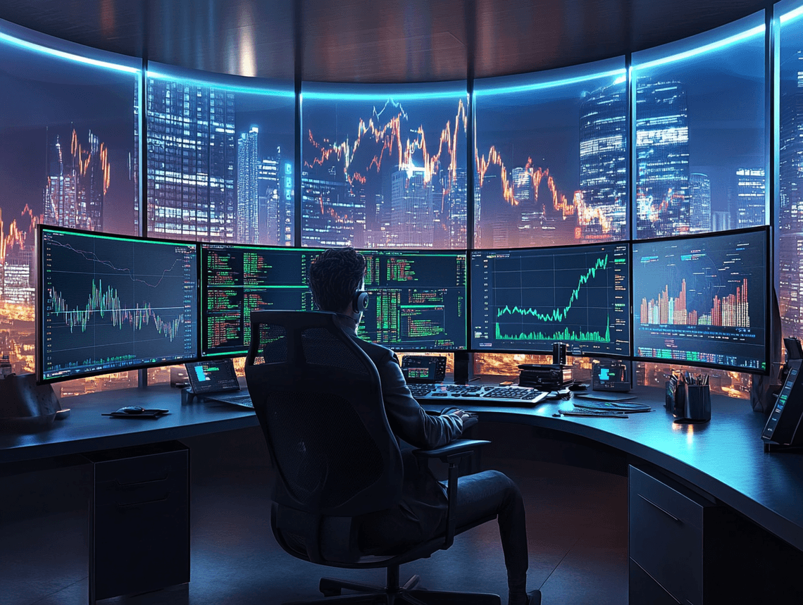 An investor analyzing financial graphs with a high-tech setup showing futuristic trends