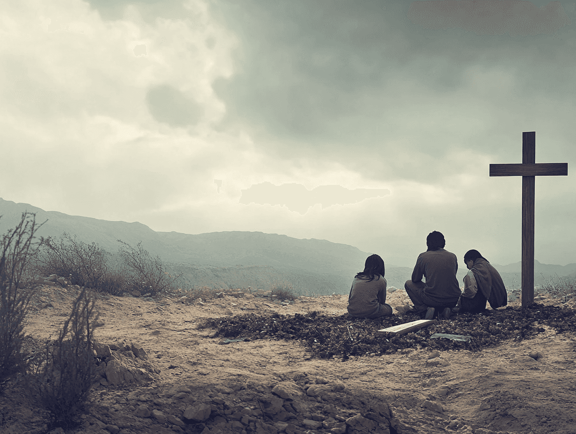 A grieving family at a migrant burial site