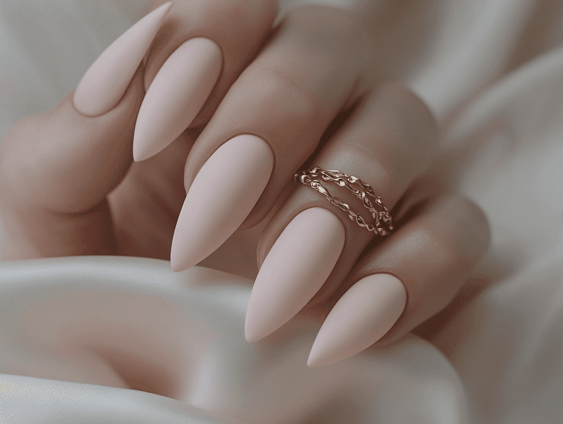 A creative nail design featuring baby pink as the base color with subtle white accents