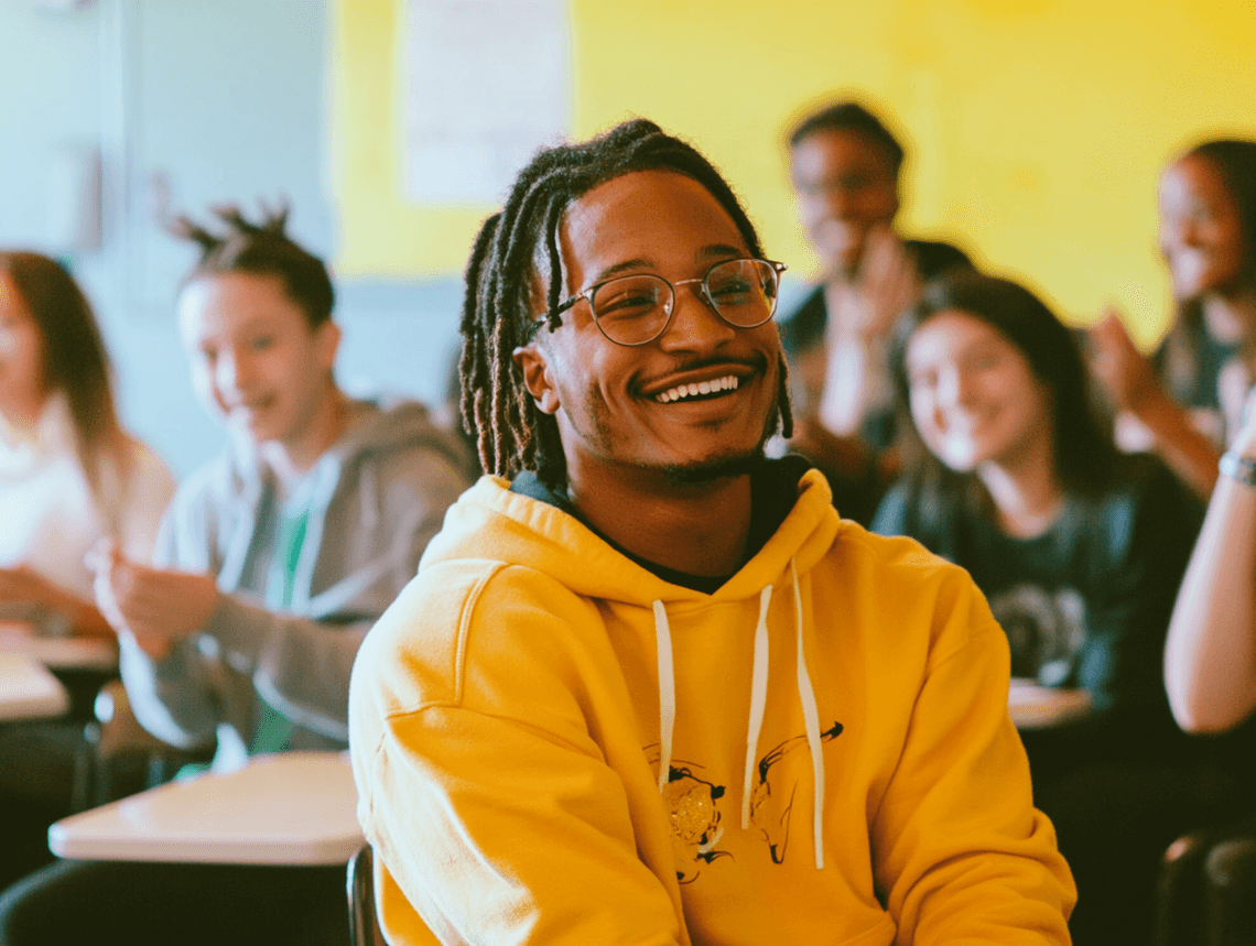 A modern classroom with students presenting their rap projects