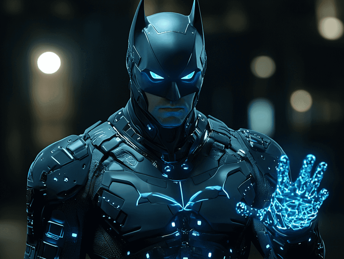 A dramatic image of Batman standing in the shadows with a futuristic Gotham City in the background