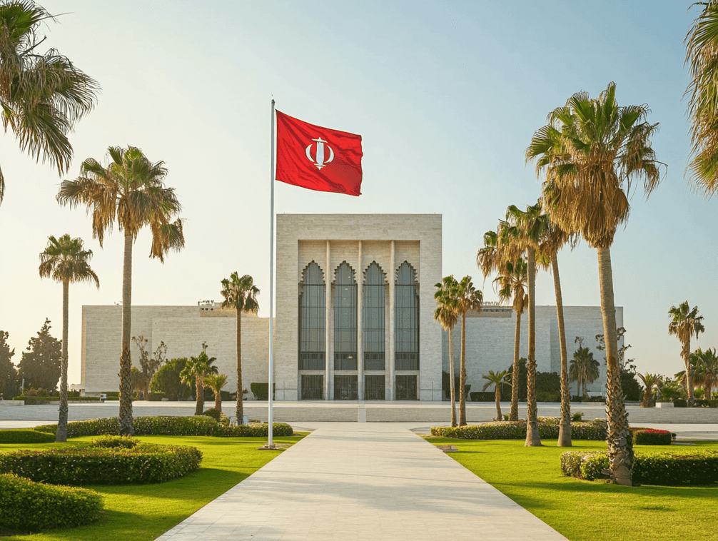 A Tunisian flag waving in front of a government building
