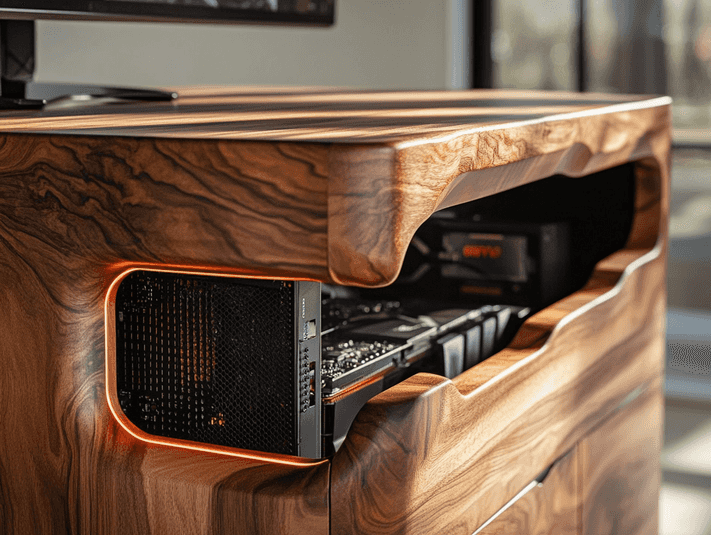 A close-up of the wooden side table showing its elegant finish and hidden PC components