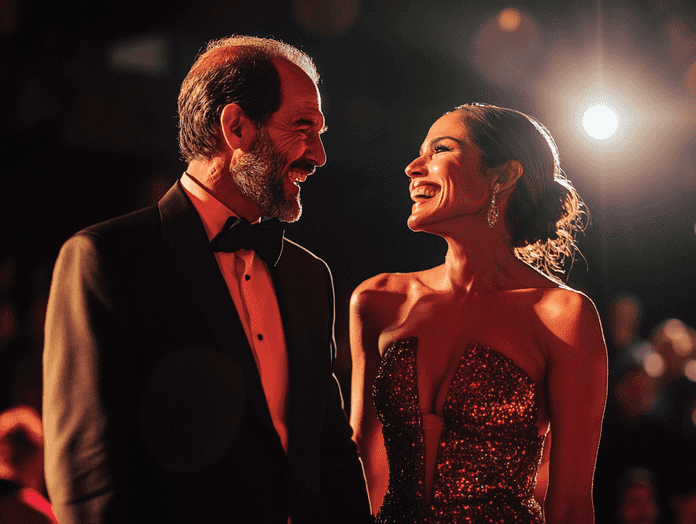 Jennifer Lopez and Ralph Fiennes sharing a laugh on stage, captivating the audience