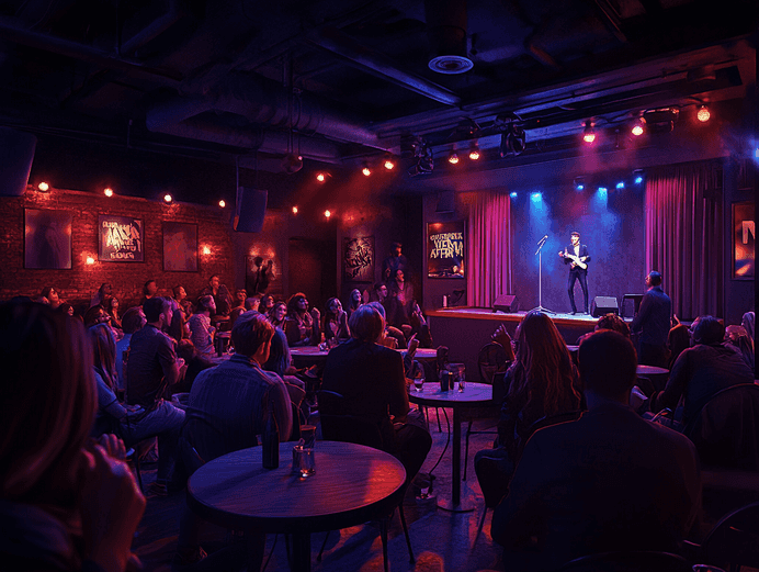A lively comedy club audience laughing and clapping