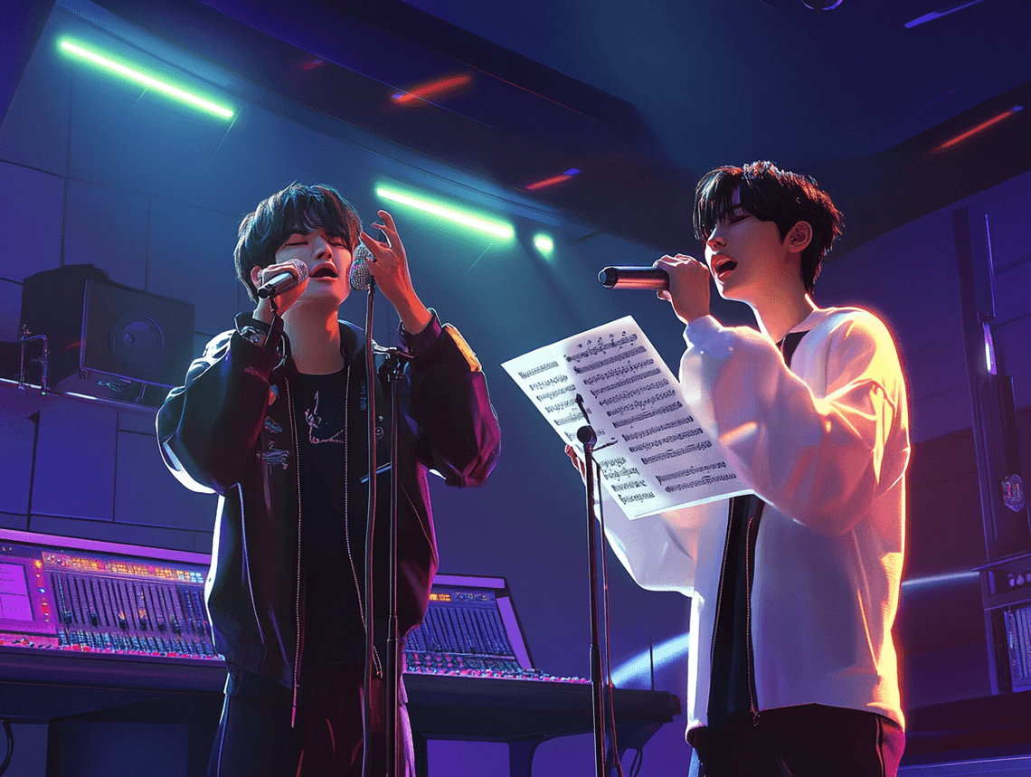 A visually striking image of a K-Pop artist performing on stage with dramatic lighting and a cheering crowd