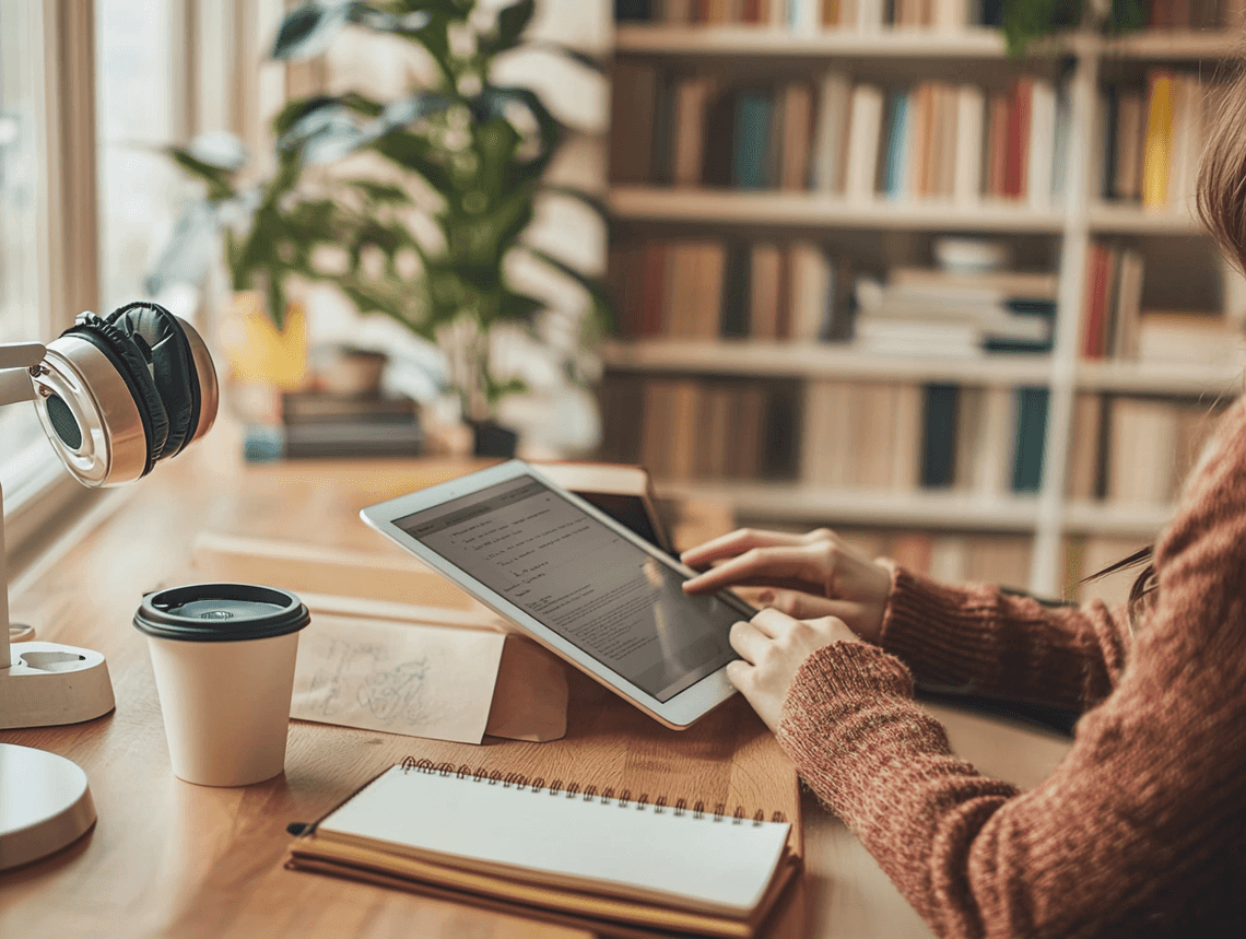 A modern living room with smart home devices like a voice assistant and smart lighting