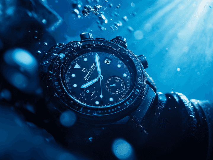 Close-up of the ceramic case of the Blancpain Bathyscaphe Flyback Chronograph, showcasing its matte finish and durability