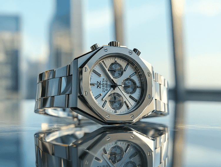 A sleek and futuristic Zenith Defy Skyline Chronograph watch displayed on a reflective surface