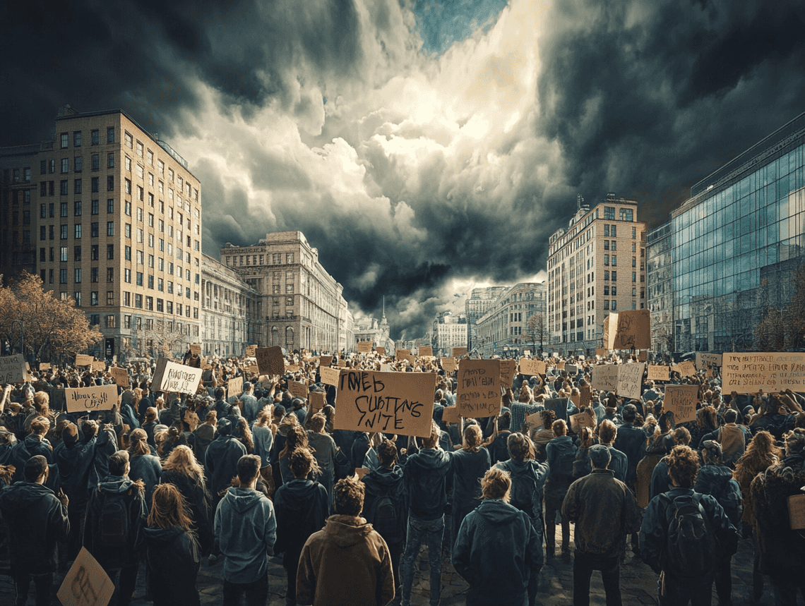 A crowd of protesters holding signs, symbolizing free speech and public opinion