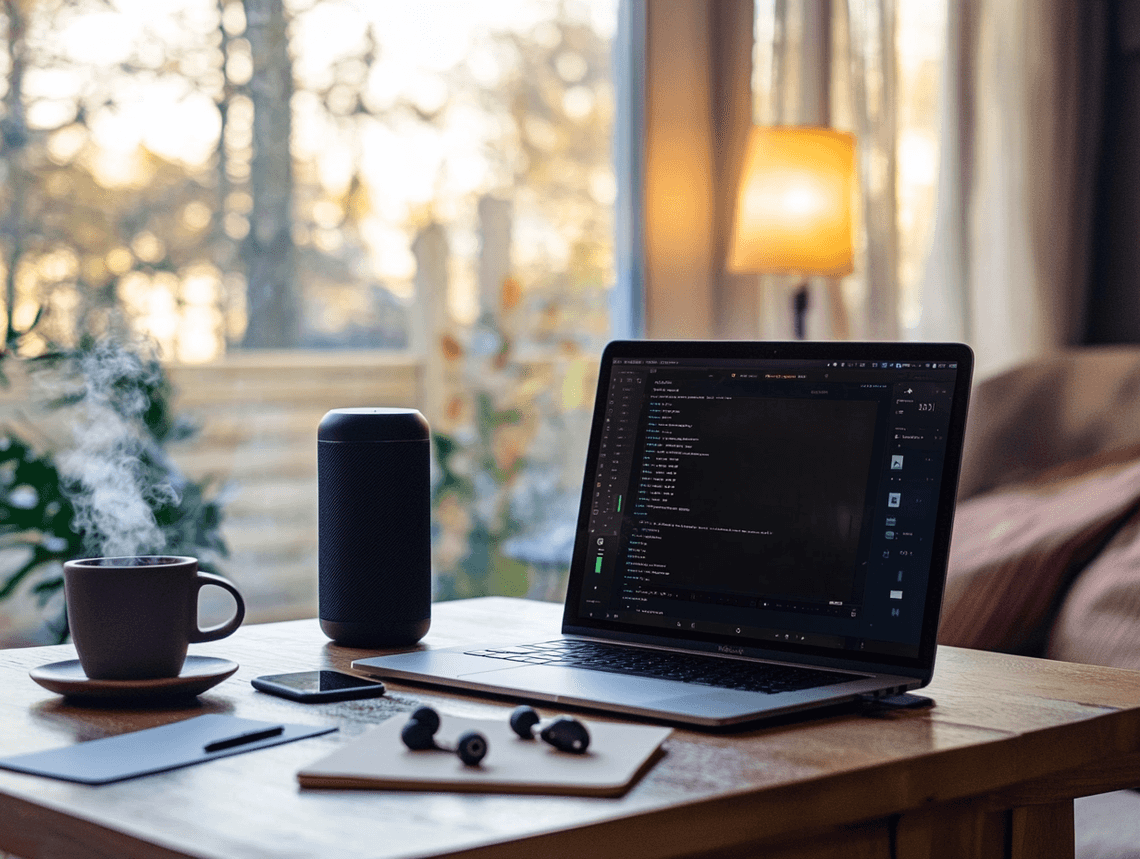 A workspace with multiple audio devices connected to a laptop