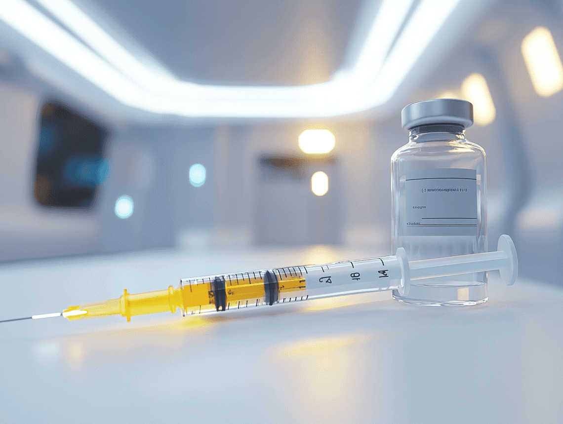 A syringe and flu vaccine vial on a clean white background