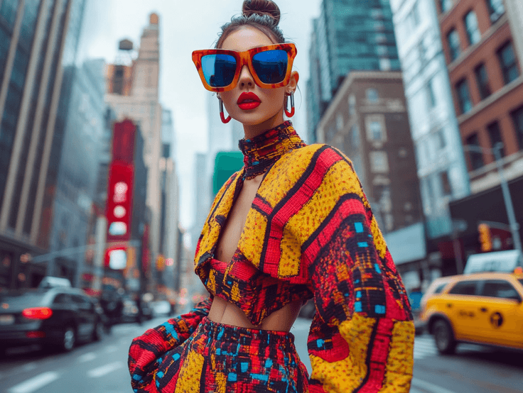 A celebrity-inspired maximalist outfit with vibrant colors and bold accessories